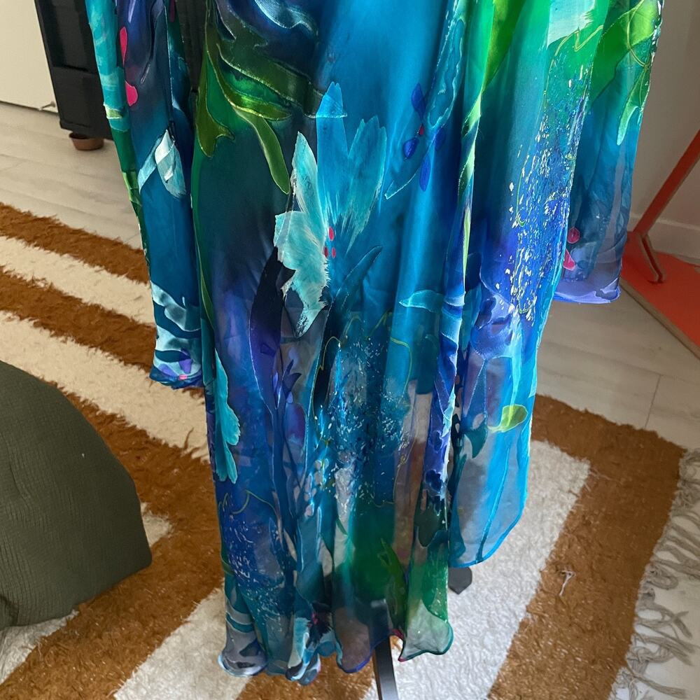 Simply Silk Blue Floral Mermaid Medium Abstract Blue Green Tropical Poncho - Picture 3 of 9